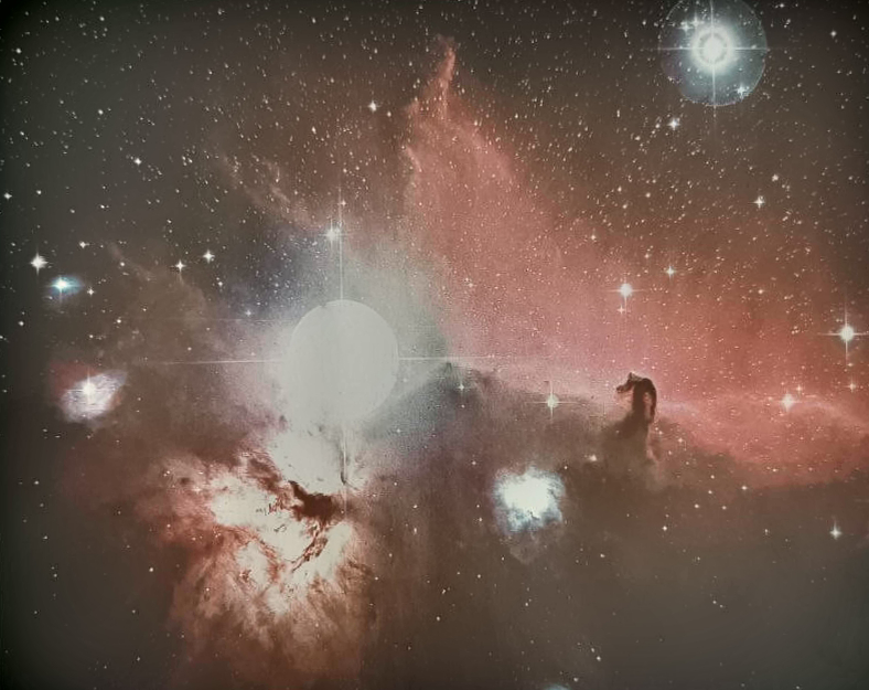 Эта туманность в виде лошадиной головы проступает отчетливым силуэтом на более светлом небесном фоне к югу от звезды Зета в созвездии Ориона. Туманности представляют собой светящиеся облаковидные образования из газа и пыли.
