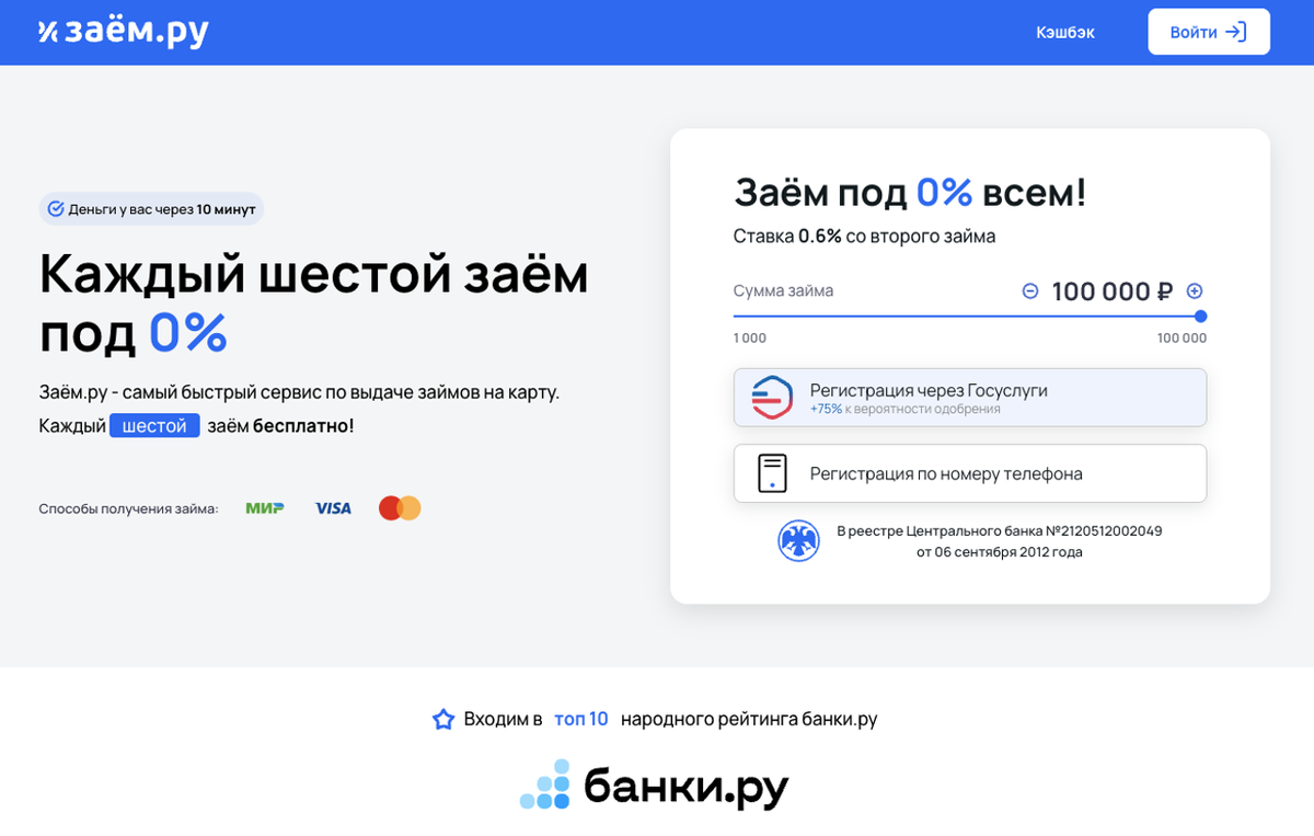 МФО «Заём.ру» выдает каждый 6-й займ под 0%