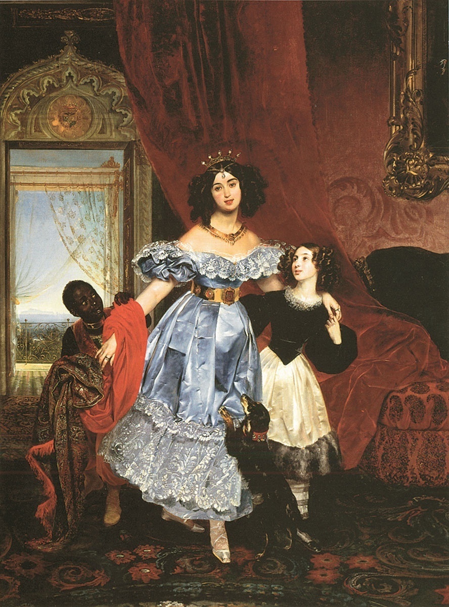 Графиня Юлия Павловна Самойлова (урождённая Пален; 1803 — 14 марта 1875, Париж). К. П. Брюллов. Портрет Ю. П. Самойловой с Джованиной Пачини и арапчонком. Между 1832 и 1834. Музей Хиллвуд, США.