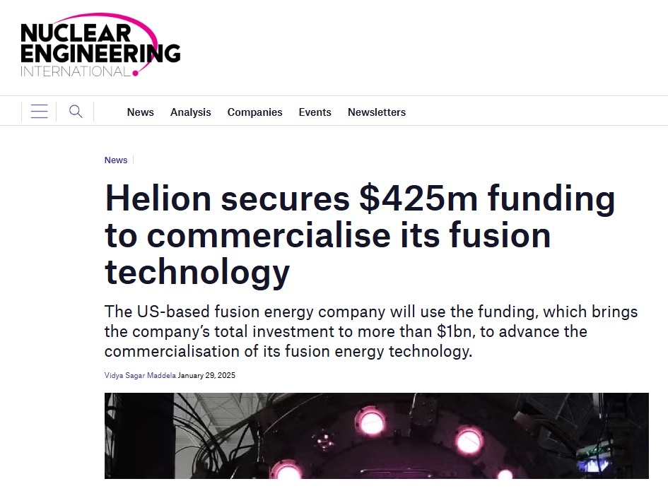 Термоядерный стартап Helion Energy в январе получил от частных инвесторов новую крупную сумму на развитие технологии (источник: neimagazine.com)