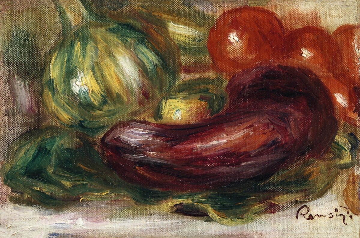 Пьер Огюст Ренуар (Pierre-Auguste Renoir) (1841-1919) «Кабачки, помидоры и баклажаны», 1915 год. Холст, масло. Размеры:16х25 см. Частная коллекция. Фото картины взято из открытого источника.