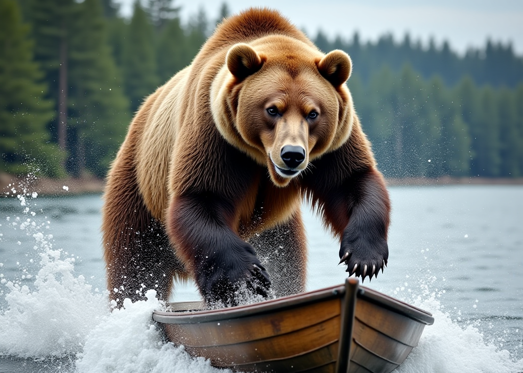Медведь атакует лодку. Создано нейросетью.