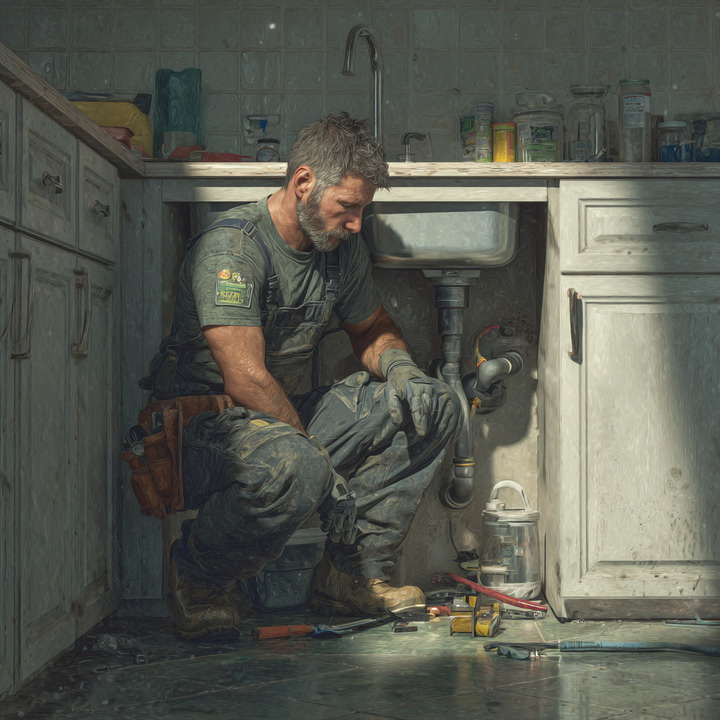     Откройте все краны в доме: на кухне, в ванной, в подвале. Оцените напор. Затем осмотрите все соединения под раковинами, унитазом, стиральной машиной. Фото сгенерировано