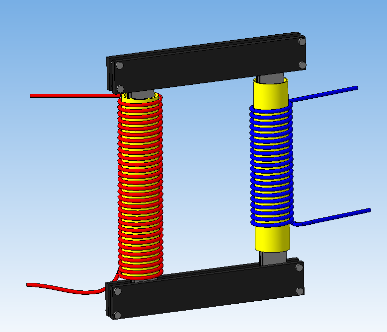 На левый и правый стержни сердечника одеваются катушки из медного провода, намотанного на бобины из изолирующего материала