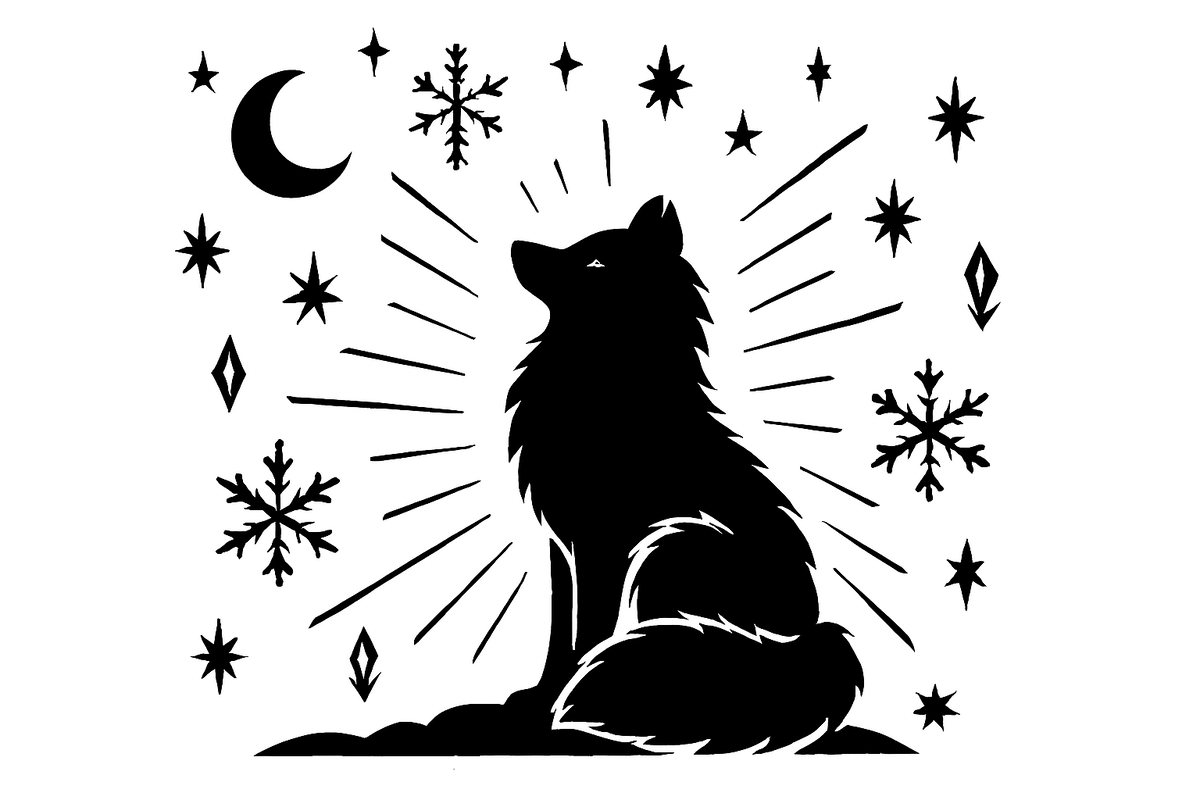 силуэт полярной лисы в профиль, окружённый снежинками, льдинками, ультрафиолетовыми лучами и луной.