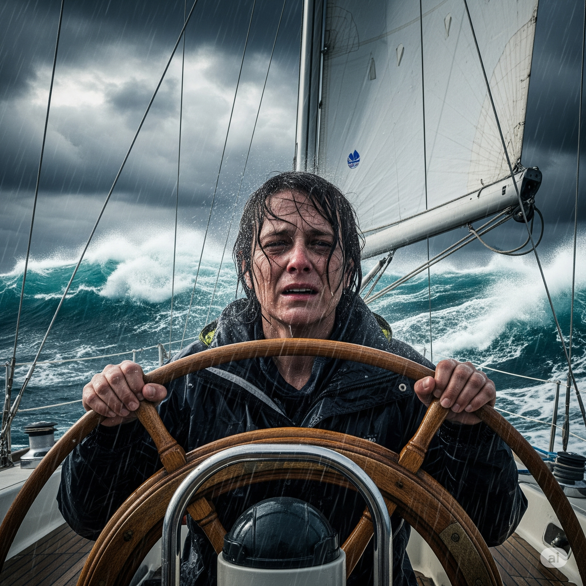 Вот так ИИ сгенерировал картинку))) Запрос был такой - человек, страдающий на парусной яхте