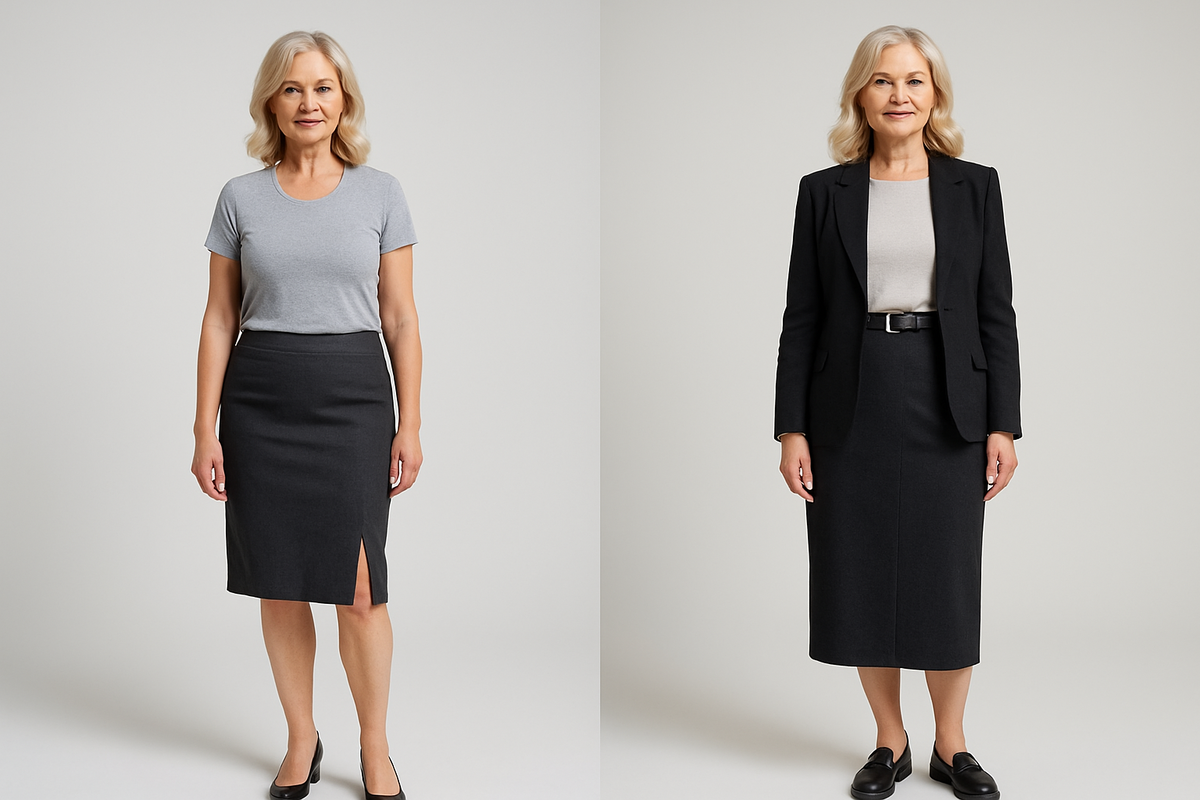 До: Тонкий карандаш с низкой посадкой и боковым разрезом: режет фигуру, подчёркивает живот и колени.
После: Плотный карандаш миди с высокой посадкой и шлицей сзади + жакет и лоферы стройнит и собирает силуэт