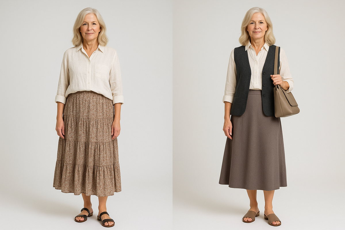 До: Длинная многоярусная юбка из тонкого хлопка создает лишний объём и «рыхлость».
После: Чистая А-линия миди без оборок + жилет/кардиган и структурная сумка собирают аккуратный, лаконичный низ.