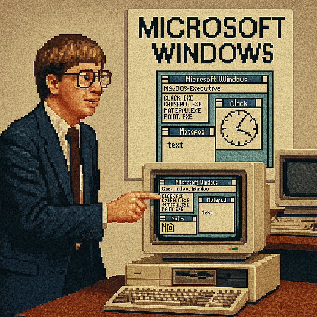 Художественная интерпретация анонса Microsoft Windows от Билла Гейтса в 1985 году