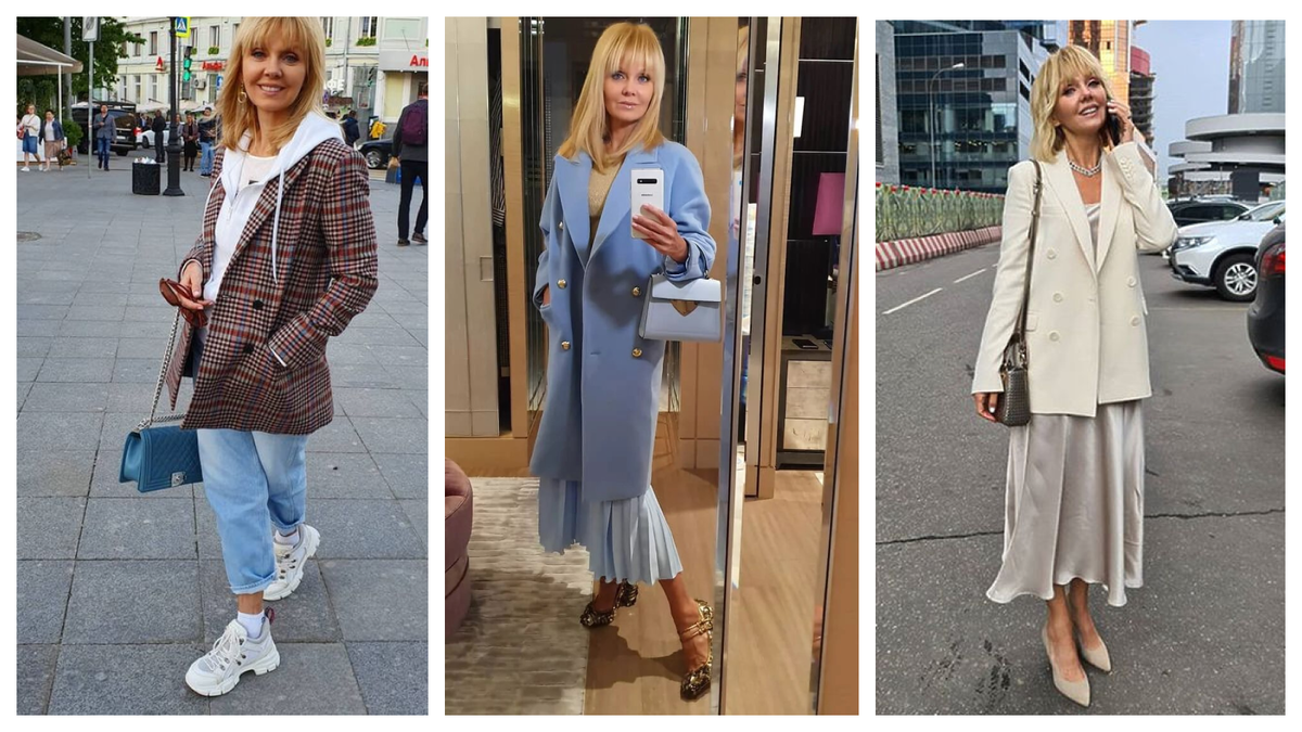 Светлая палитра и чистые линии: клетчатый блейзер поверх худи и джинсов, современный кэжуал; небесный total look с пальто и плиссе, силуэт выглядит выше; молочный жакет с атласной миди, мягкая вечерняя элегантность.