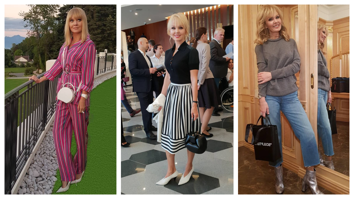 Графика полоски и комфорт: яркий полосатый комбинезон с белыми лодочками; чёрное поло и миди в чёрно-белую полоску, силуэт выглядит выше; прямые джинсы и серый свитер с серебристыми ботильонами, расслабленный глянец.