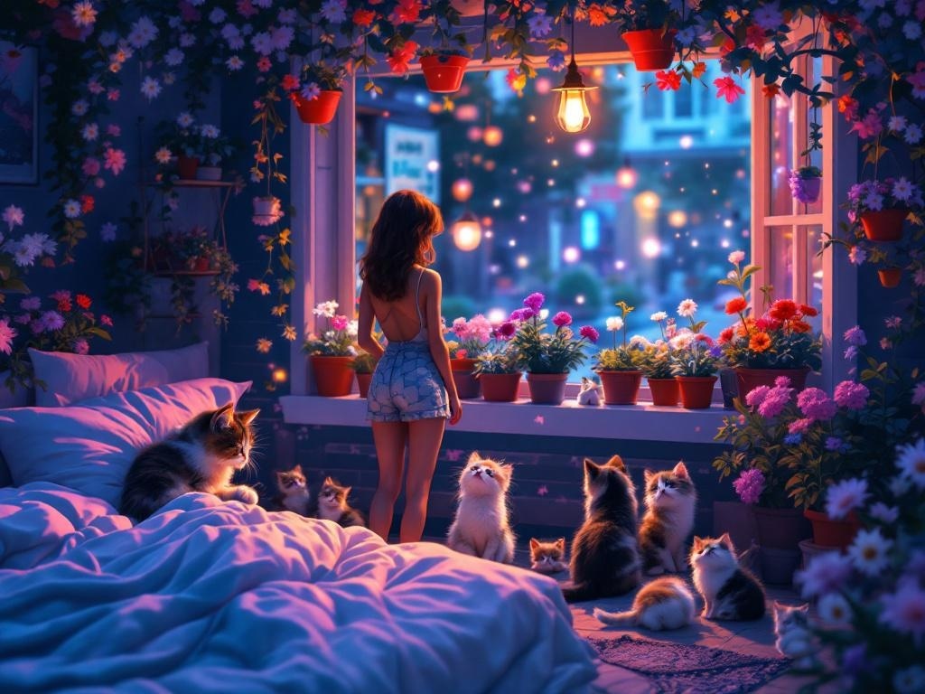    К чему такое снится: Женщина стоит у витрины цветочного магазина, глядя на разноцветные горшки с цветами. Рядом на тротуаре играет крупный трехцветный котенок, окруженный другими котятам