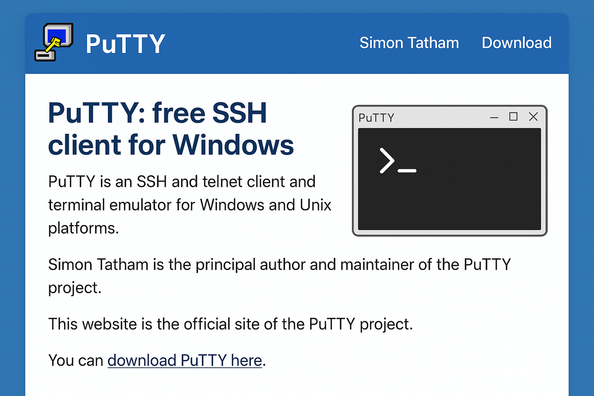 Картинка показывает новый официальный сайт PuTTY с современным минималистичным дизайном: логотип программы, описание как бесплатного SSH-клиента и кнопка загрузки. На странице также упомянут Саймон Тэтхэм, главный разработчик и поддерживающий проект.