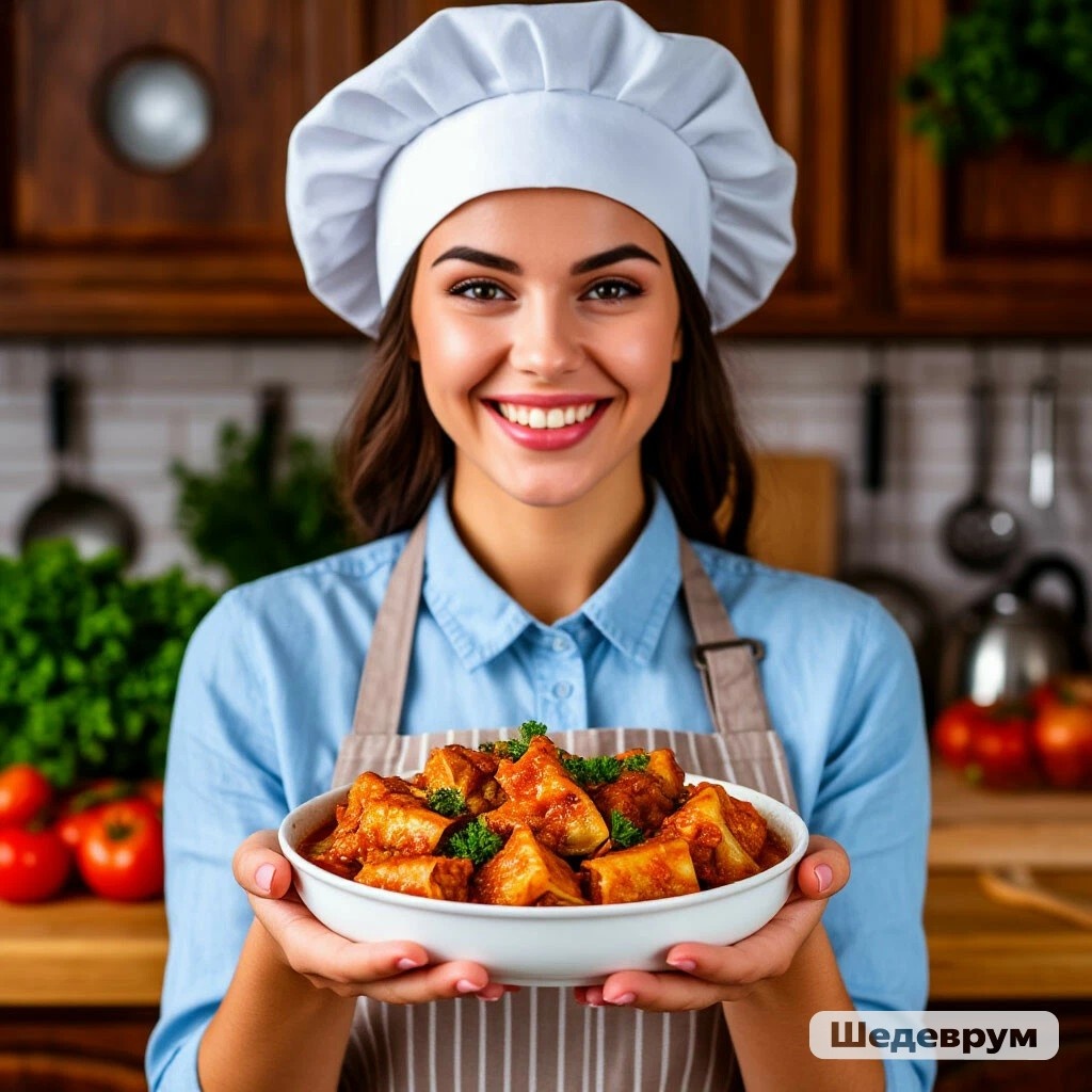 НеЛенивая Стряпуха угощает. Сгенерировано нейросетью Шедеврум по запросу автора.