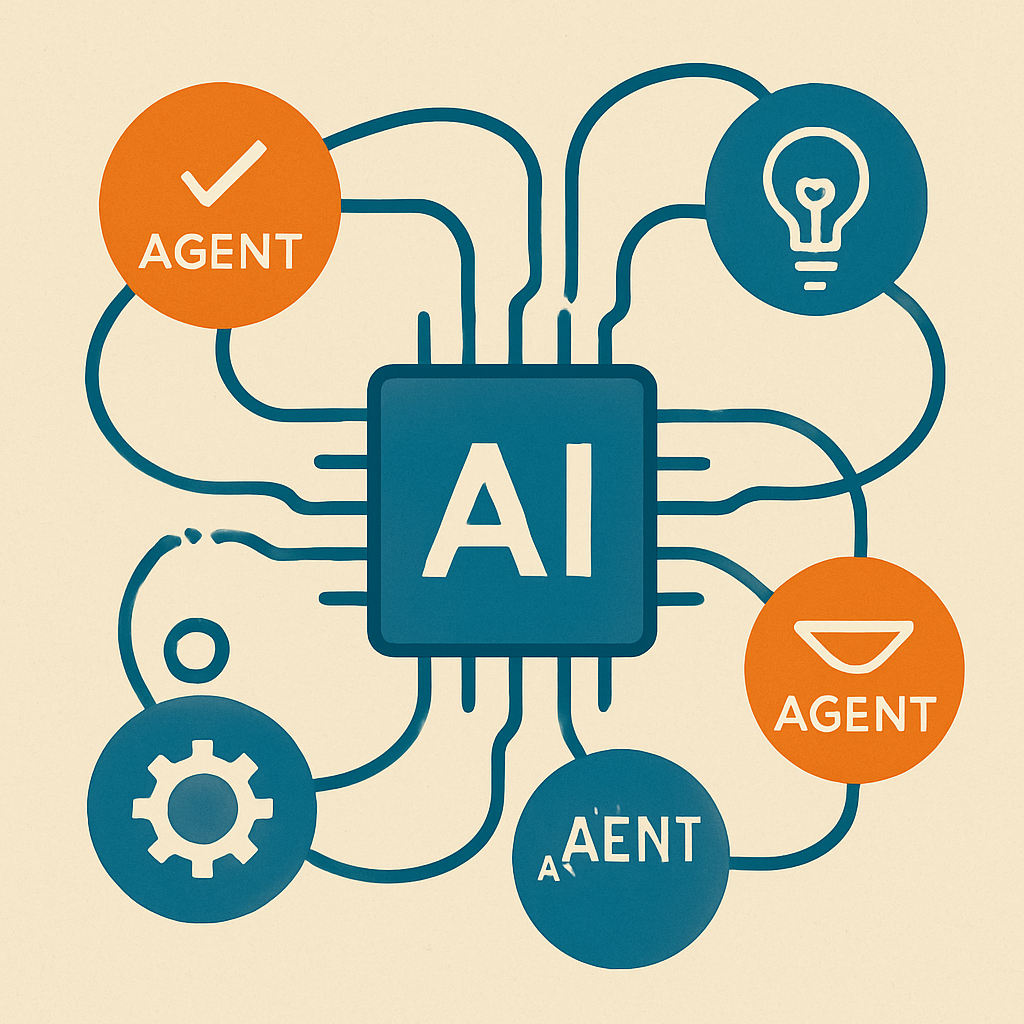 Картинка отражает идею агентных ИИ: несколько роботов и символических агентов взаимодействуют друг с другом и с центральной системой, показывая распределение ролей, делегирование задач и координацию без конфликтов.