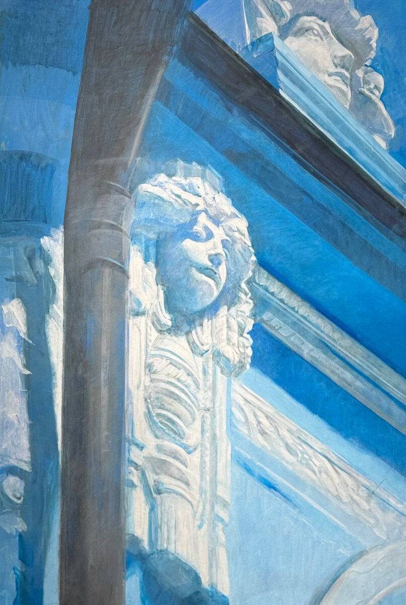 Марина Кудрина, "Маскароны Дома Грибушина", 2025, картон, акрил, 70х48