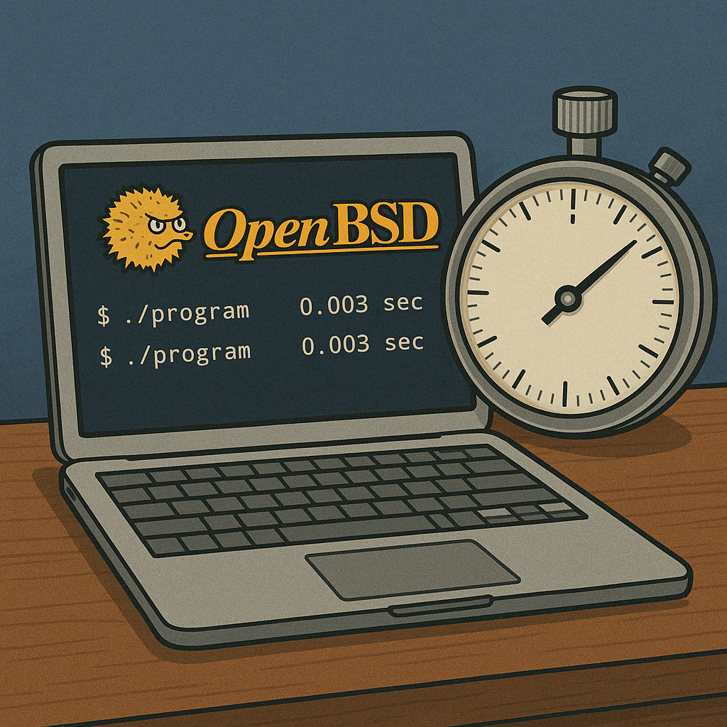 Картинка изображает ноутбук с OpenBSD и логотипом-рыбкой, на экране которого выполняется программа с замерами времени, а рядом лежат часы-секундомер, подчеркивающие сверхбыструю работу системы по сравнению с Linux.