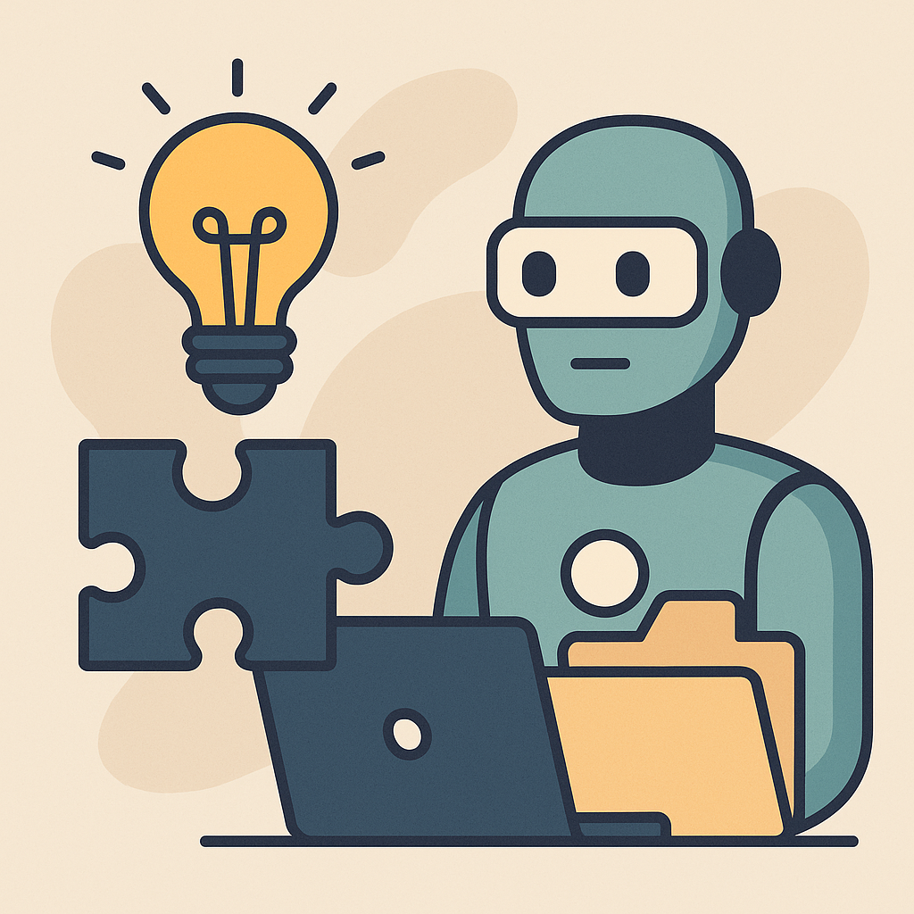 Картинка отражает идею: интеллект модели уже достаточен, но для автоматизации не хватает контекста и спецификации — робот за ноутбуком с папкой и недостающим элементом пазла, рядом лампочка как символ идей и решений.