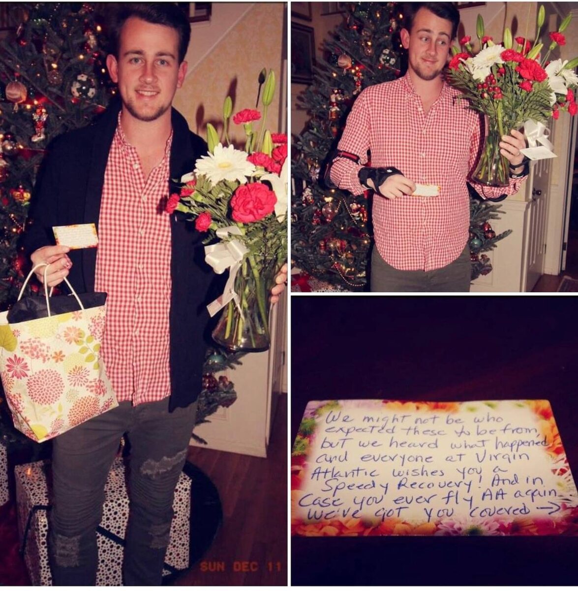 Gilbert Ott с цветами, подарком и запиской от авиакомпании Virgin Atlantic
