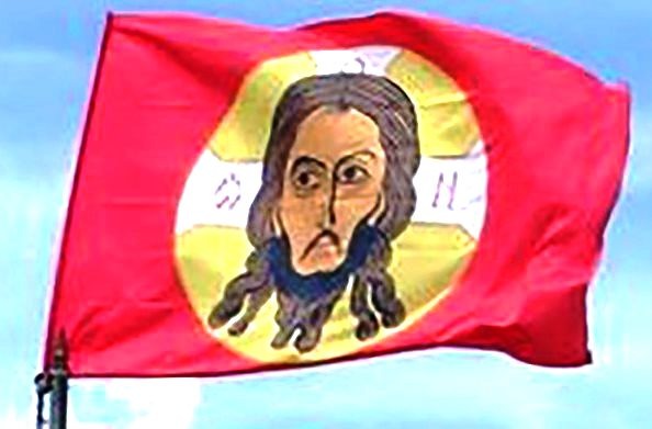 Красное знамя с изображением Спаса нерукотворного