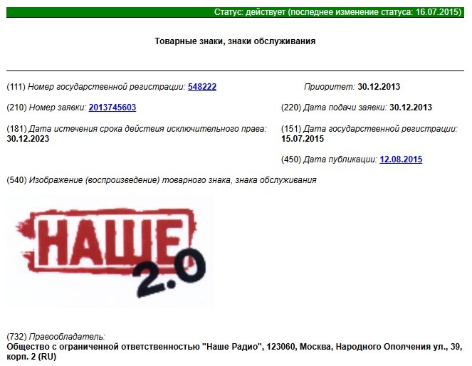 Товарный знак № 548222