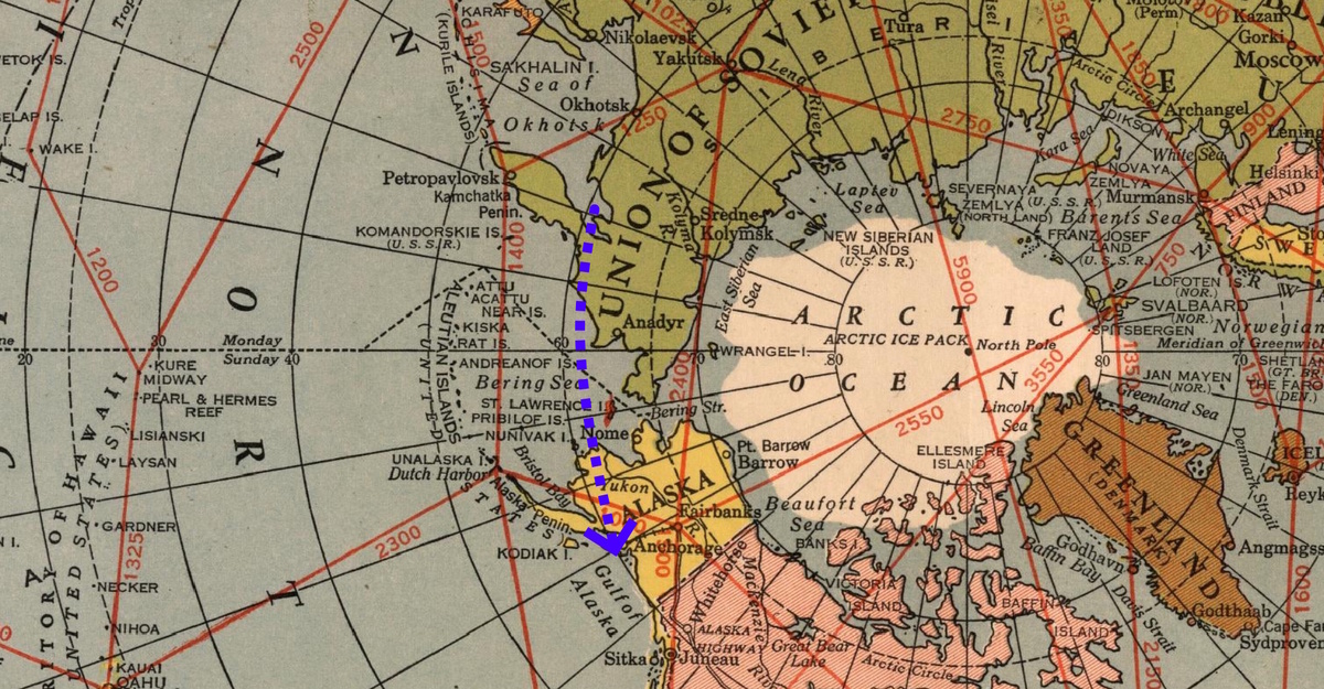 Полёт из Магадана на Аляску на карте плоской земли