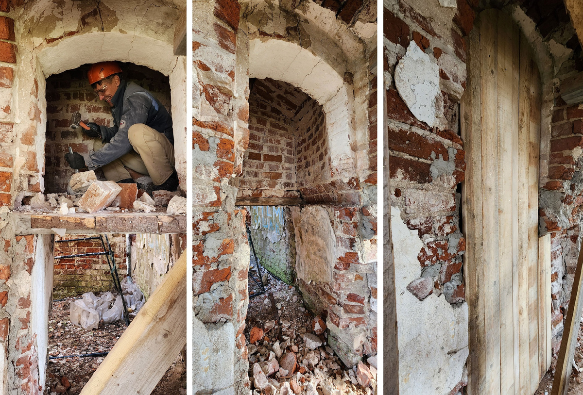 Работы по раскрытию входа и выхода на внутристенную лестницу в колокольне храма-маяка