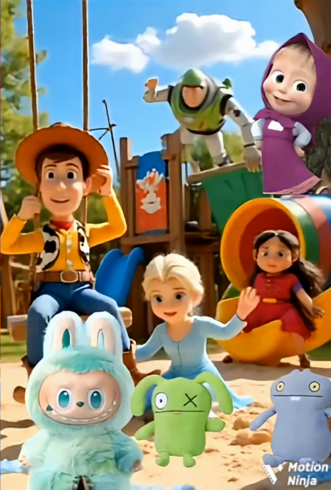 Промпт-известные персонажи мультиков играют на детской площадке 