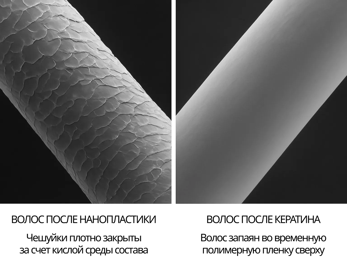 Наглядно: волос после нанопластики и после кератинового выпрямления