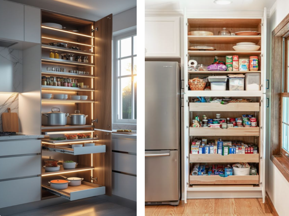 Кухонные шкафы, оснащенные выдвижными ящиками и полками