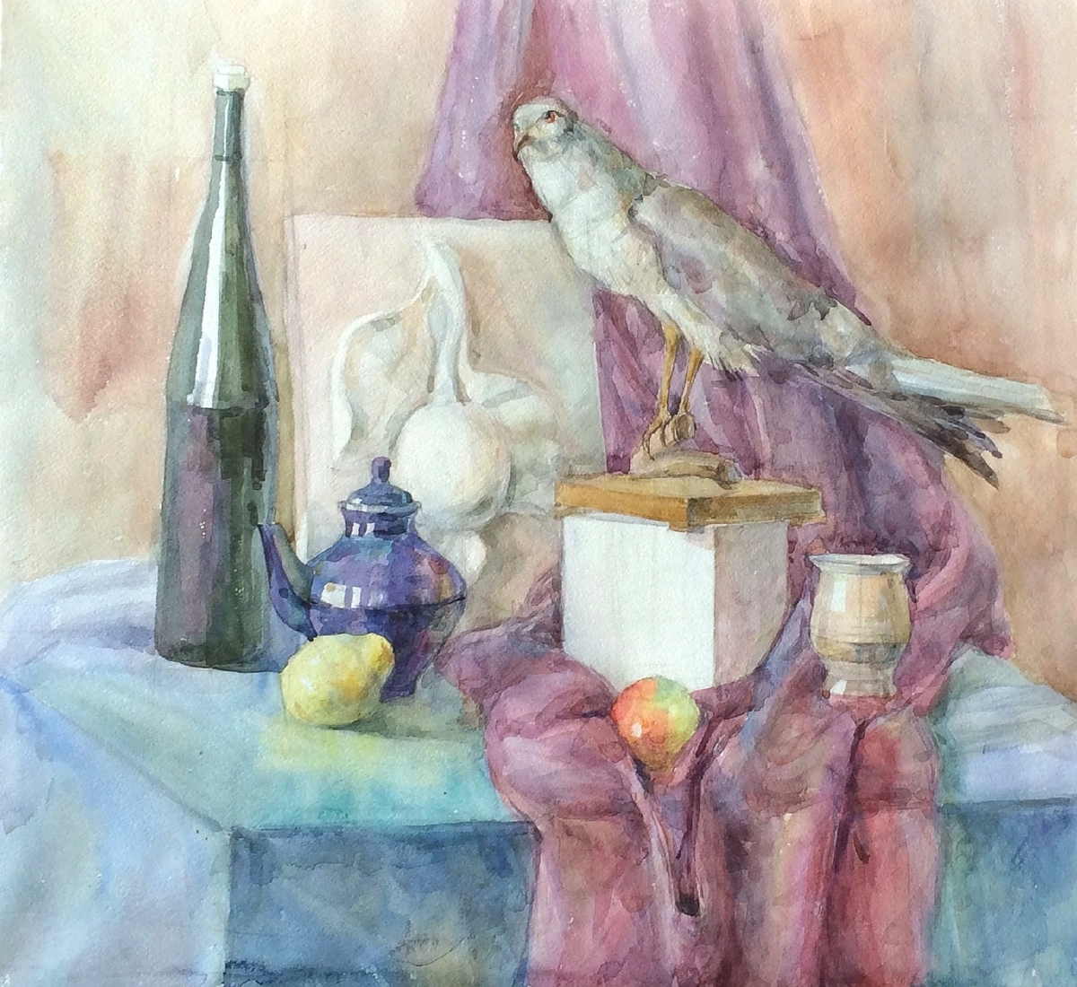 Учебный натюрморт с птицей, акварель.