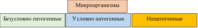 Микроорганизмы: безусловно патогенные, условно патогенные и непатогенные. 