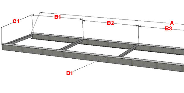 «Кровать» домашней пилорамы: A – полная длина каркаса «кровати» (6 м); B1, B2, B3… - расстояние между перемычками (1,2 м); C1 – размер ширины между рельсами (0,9 м); D1 – уголок 25 мм перевёрнутый гранью вверх (рельс распиловочной тележки)