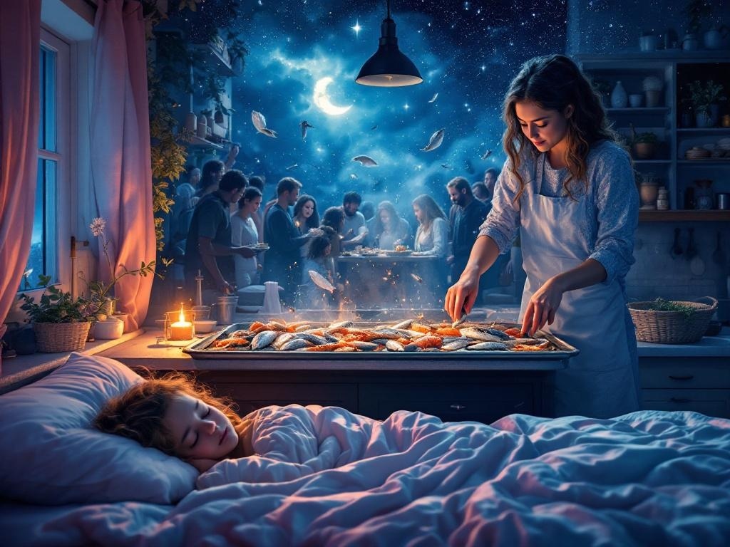    К чему такое снится: На картине изображена женщина, тушащая рыбу на большом противне на кухне. Вокруг неё собрались разные люди: мужчины, женщины и дети, которые угощаются рыбой.