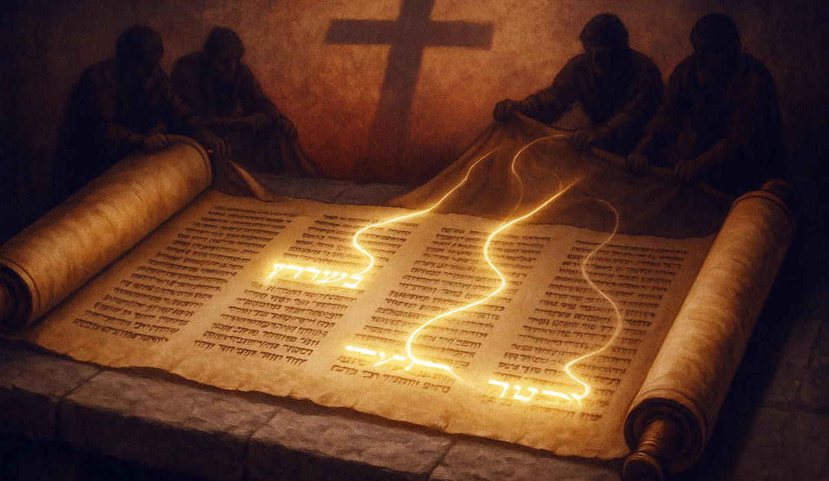 Древний еврейский свиток, сияющий выделенными стихами, которые вытягивают и выкручивают, символизируя то, как тексты Ветхого Завета были переосмыслены как пророчества об Иисусе.