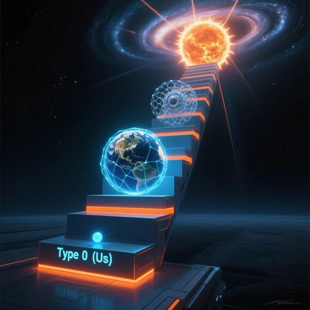 Хронологическая лестница. На нижней ступеньке - маленькая светящаяся точка (Земля) с подписью "Тип 0(Мы)". Сгенерировано с помощью krea ai.