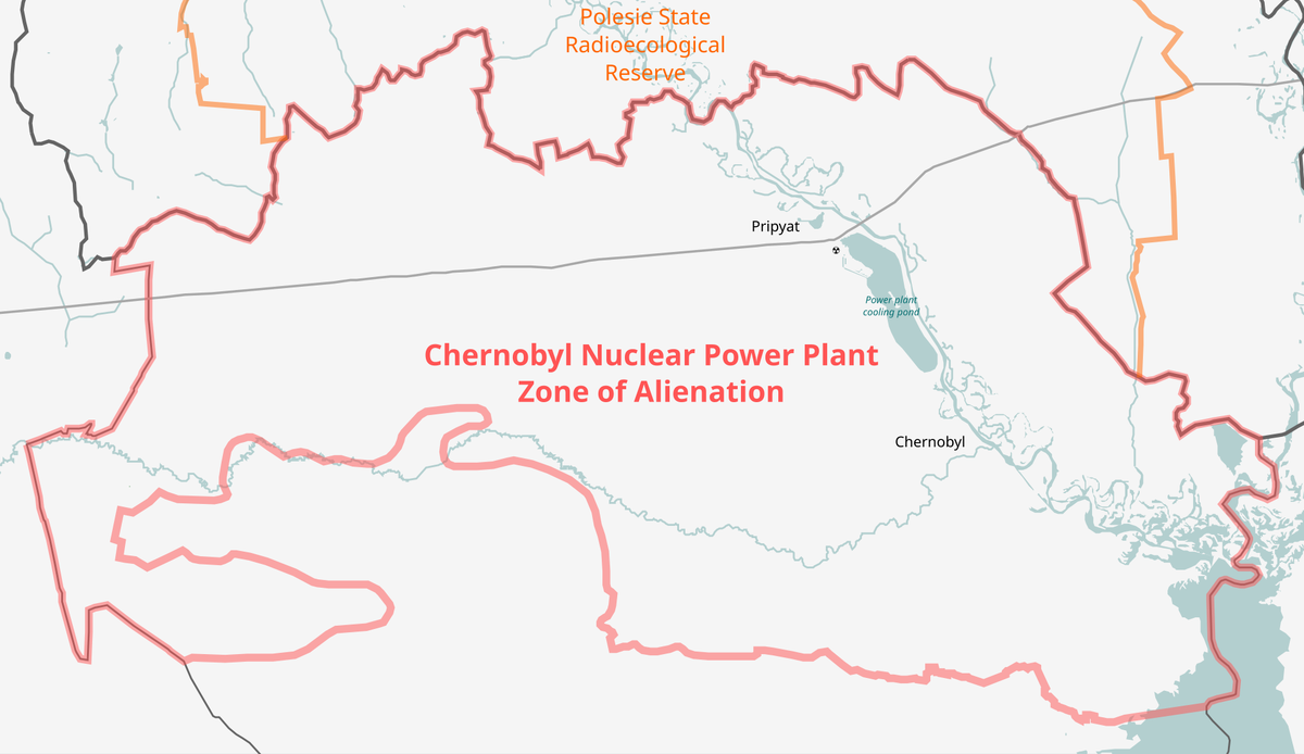 Зона отчуждения Чернобыльской АЭС, на основе данных OSM.