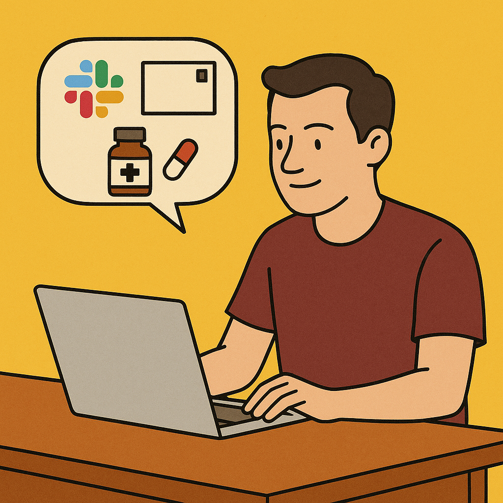 Иллюстрация передаёт идею небольших проектов: компьютер с логотипом Slack, конверт с сердцем, открытка и телефон с напоминанием о лекарствах символизируют простые сервисы, созданные для ограниченной аудитории без стремления к масштабированию.