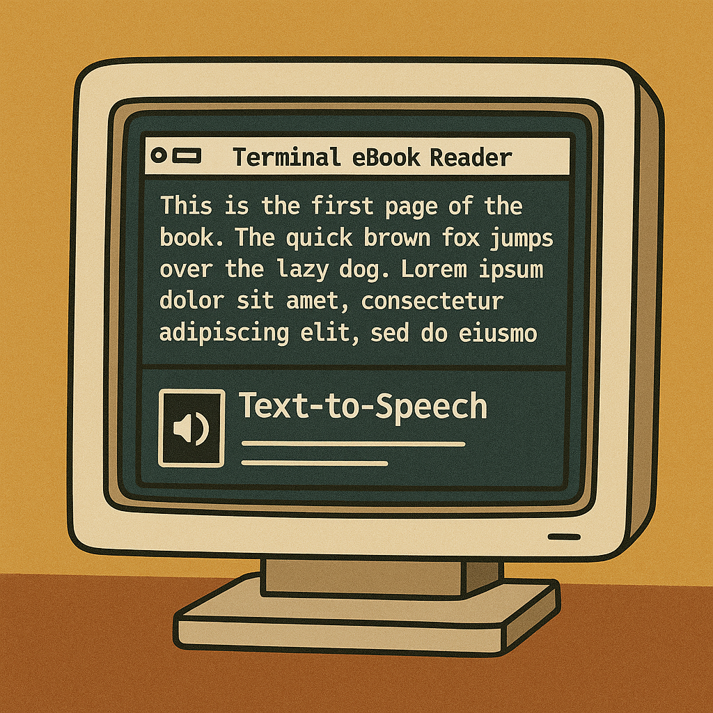 Иллюстрация изображает ретро-монитор с терминальным интерфейсом eBook-ридера и функцией озвучивания текста — символ удобного чтения и прослушивания книг прямо из консоли.
