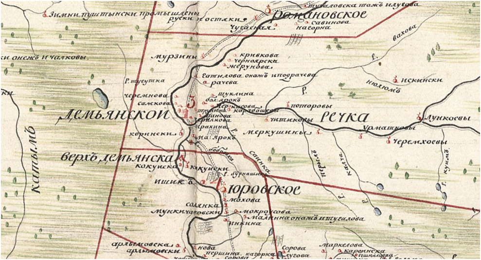 Рис.1. Часть 1. Фрагмент карты 1784г. от с. Романовское до с. Юровское