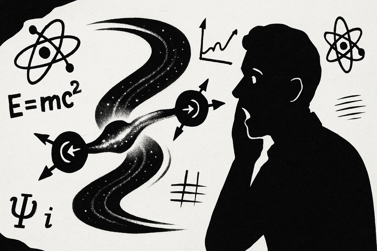 человек, наблюдающий телепортацию квантовых частиц, окружённого формулами и атомами — визуализация научного чуда