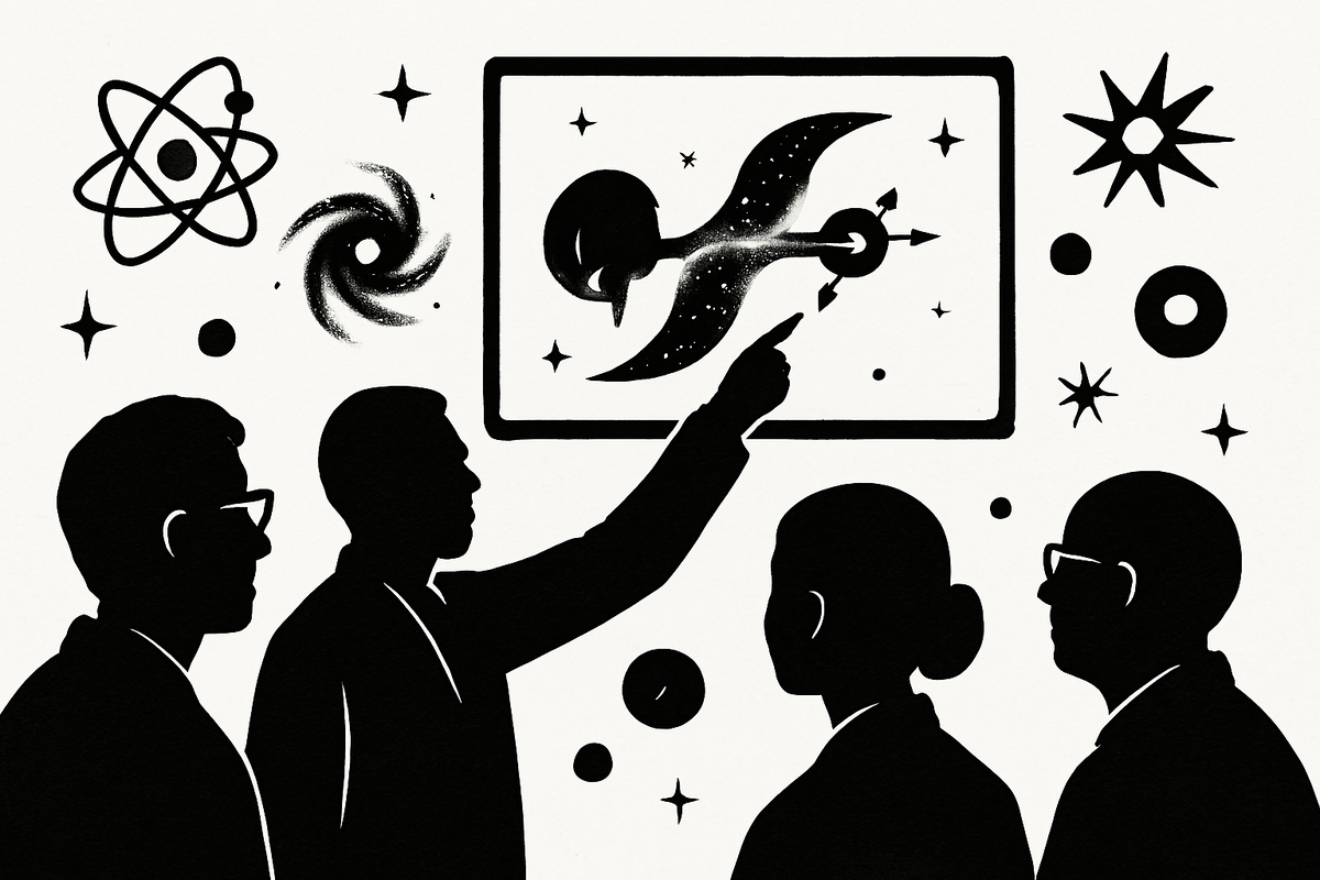 обсуждения телепортации квантовых частиц: учёные, экран с запутанными частицами, и символы космоса в силуэтной композиции