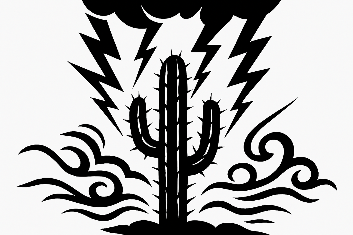 кактус с ветвями-молниями, над которым нависают острые, прямые разряды, окружённые изломанными линиями ветра и облаков