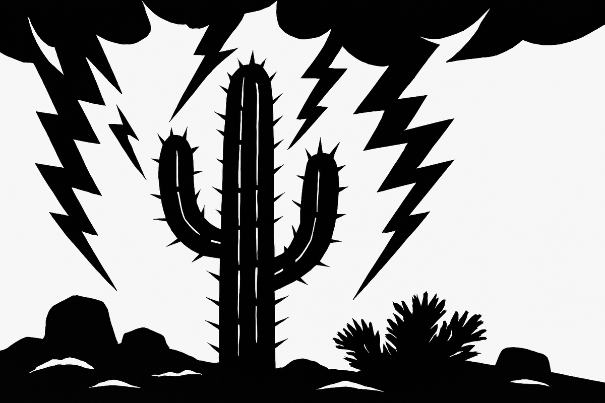 кактус и молнии сливаются в динамичном танце грозы