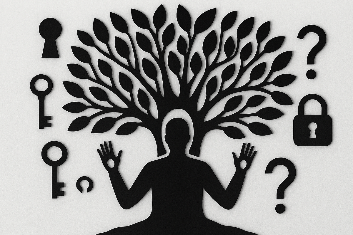 Уникальность без следов: человек без отпечатков на фоне дерева жизни и символов тайны