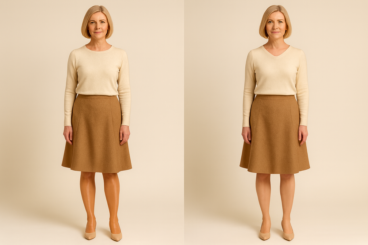 До: глянцевые карамельные колготки дают сильный блеск и утяжеляют низ.
После: матовые светлые колготки в тон коже делают ногу легче и ровнее.