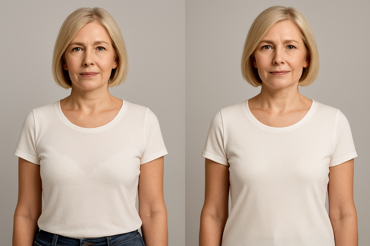 До: белый бюстгальтер просвечивает через молочную футболку, видны контуры и фактура ткани нижнего белья.
После: бесшовный нюдовый бюстгалтер дает гладкую поверхность без линий.