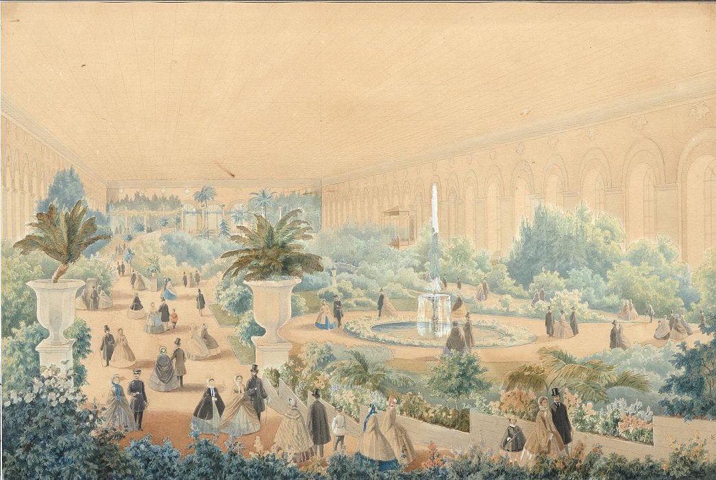 Выставка цветов в Манеже на картине Л.О. Премацци 1861 года. То есть такое мероприятие проходило и раньше. Но без гуляний. 