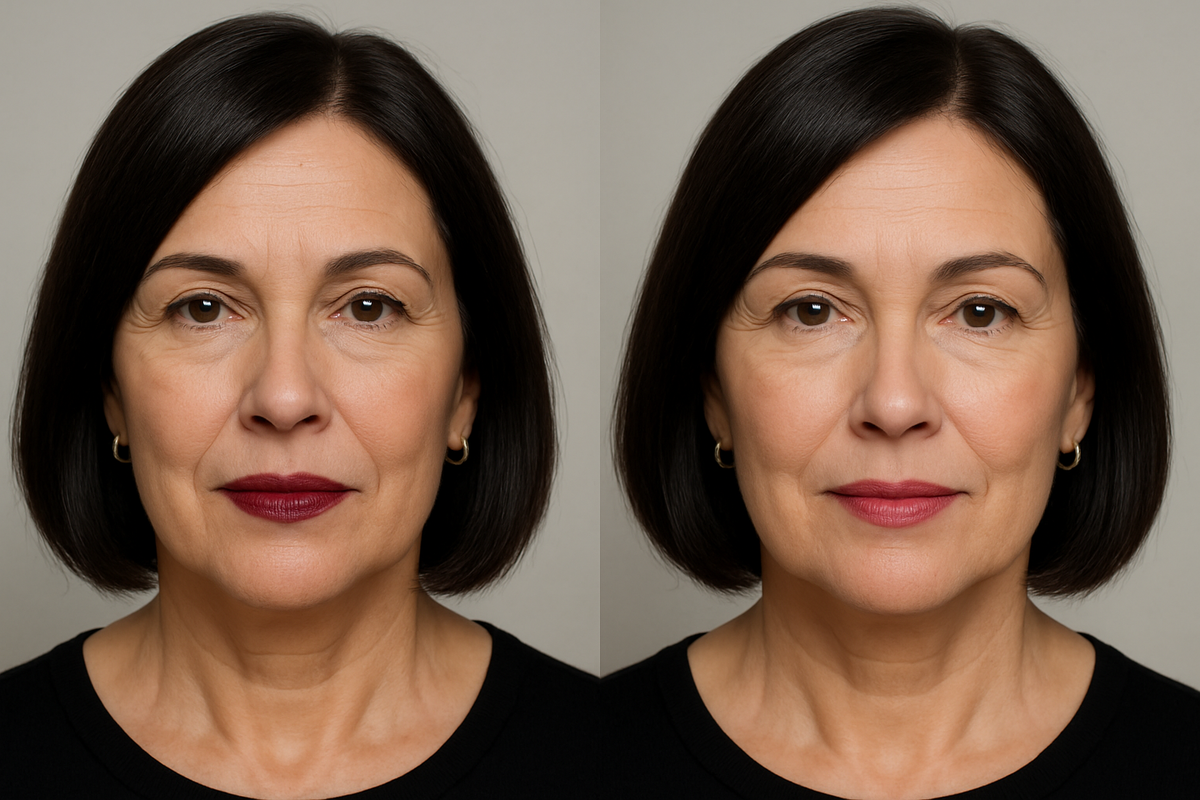 До: глухой матовый на сухих губах, текстура подчёркнута, губы выглядят плоскими. После: губы подготовлены бальзамом, мягкий soft-matte или сатин, поверхность ровнее и объемнее.