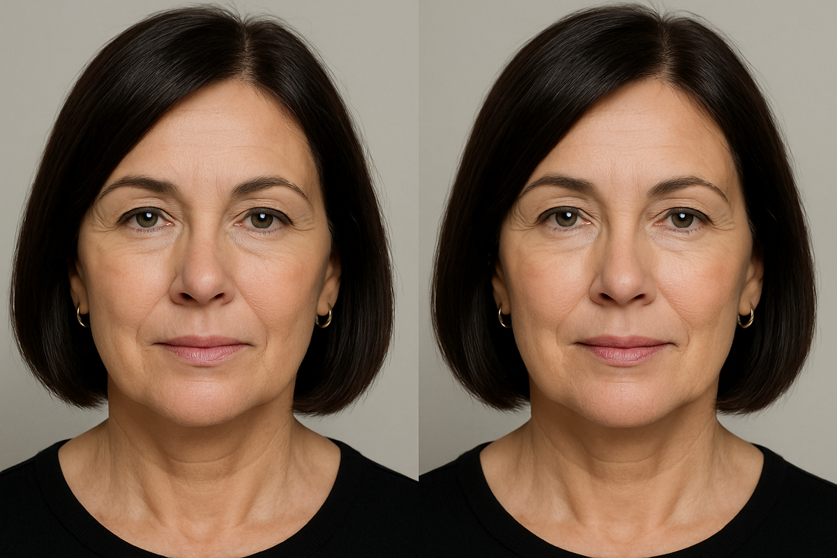 До: слишком светлый консилерный нюд, лицо кажется бледным и уставшим. После: нюд на полтона темнее в правильном подтоне, лицо выглядит живее.